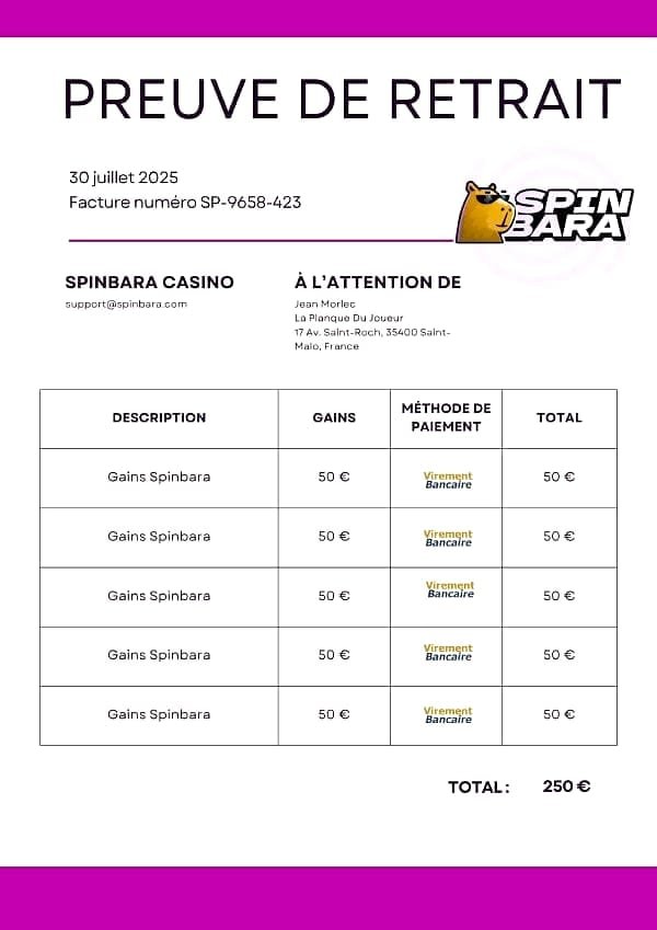 Scénario 4 : retrait refusé par Spinbara à cause des limites quotidiennes